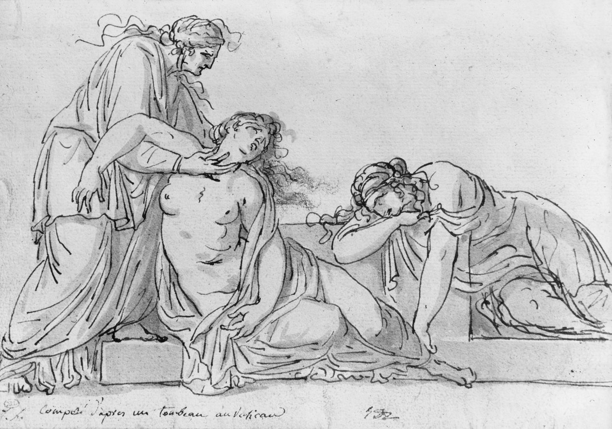 बूढ़ी महिला दो बेहोश महिलाओं पर झुकती है, c.1776 (पेन und ब्राउन स्याही und ग्रे धो und पियरे noire कागज पर) द्वारा जैक्स लुई डेविड