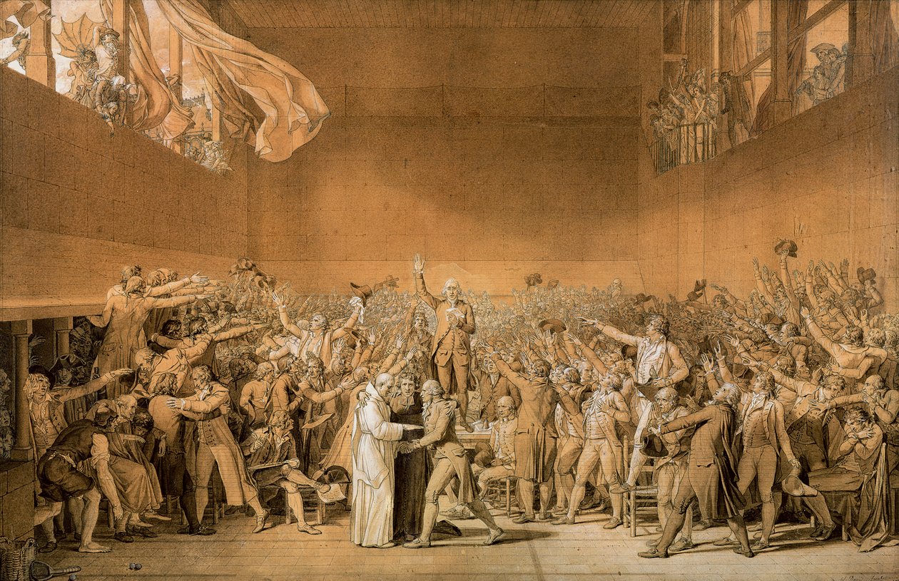 टेनिस कोर्ट ओथ, 20 जून 1789, 1791 (कलम कागज पर सफेद रंग के हाइलाइट के साथ बिस्तरे से धोया गया) (देखें) द्वारा जैक्स लुई डेविड