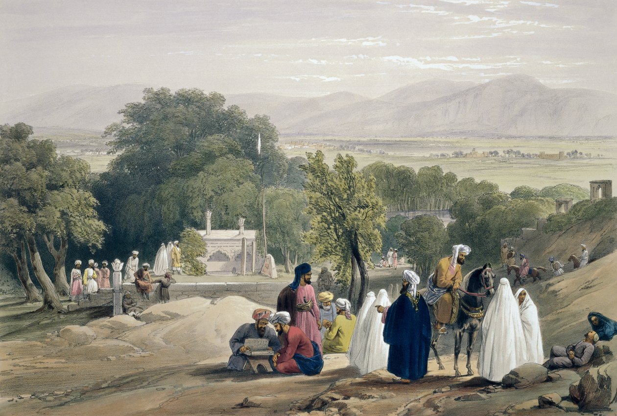 हेनरी ग्रेव्स, 1842 द्वारा प्रकाशित चार्ल्स हेघे (1810-88) और लुइस हेघे (1806-85) द्वारा उत्कीर्ण un स्केचेस इन अफ्घुनिस्तान ’से सम्राट बाबर का मकबरा द्वारा जेम्स एटकिंसन