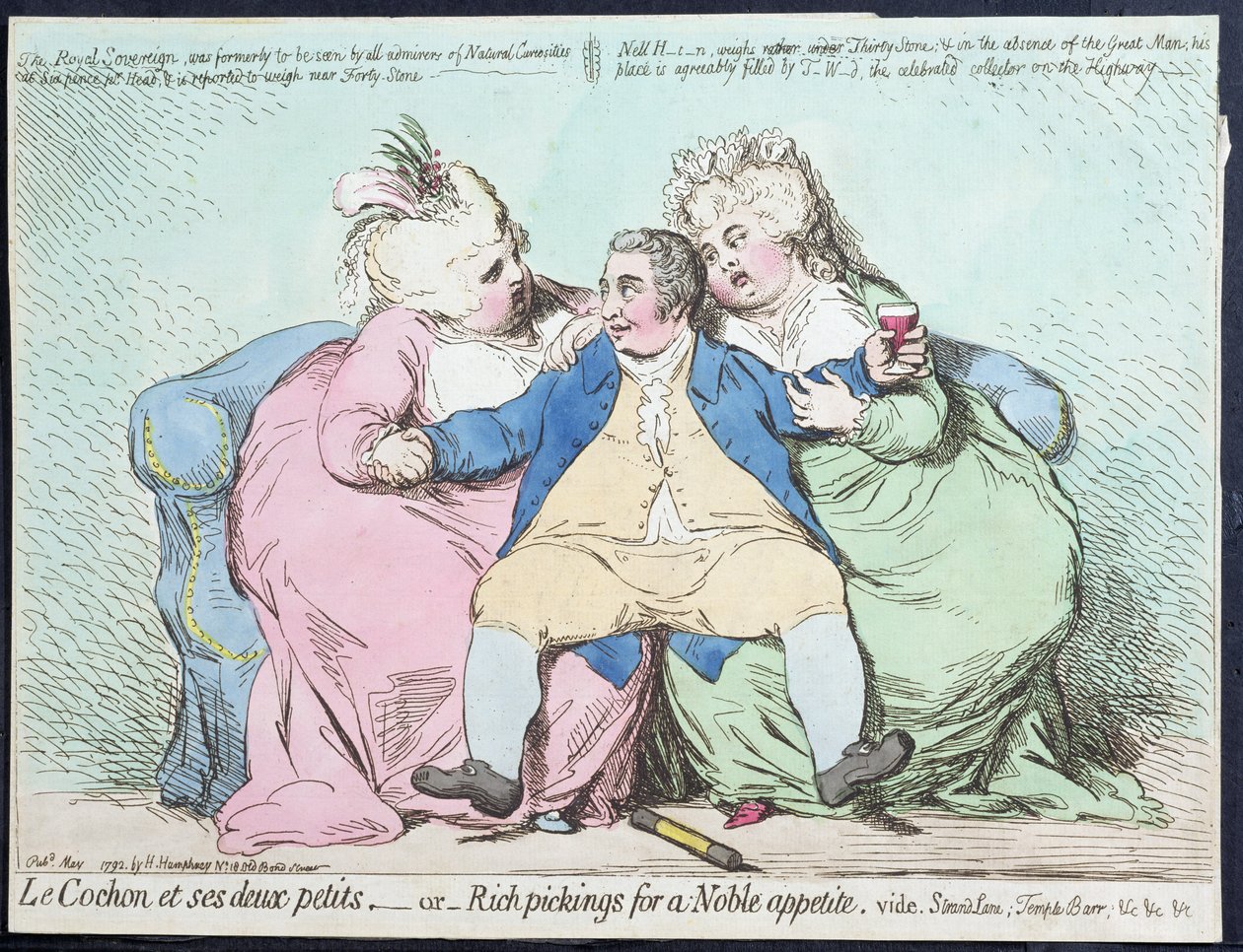 Le Cochon et ses Deux Petits, or Rich Pickings for a Noble Appetite, 1792 में हन्ना हम्फ्री द्वारा प्रकाशित (हाथ से रंग की नक़्क़ाशी) द्वारा जेम्स गिलियरे