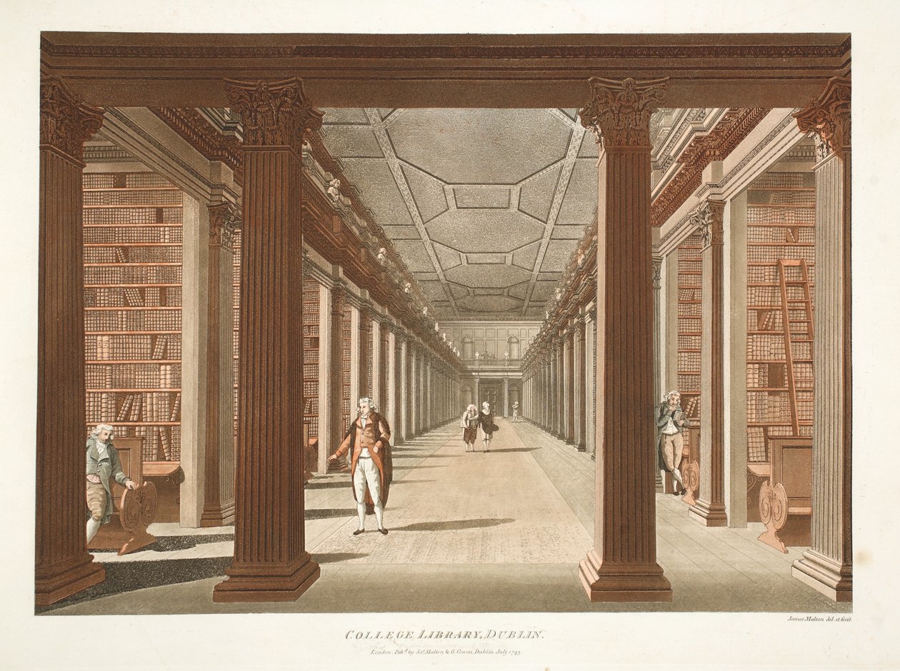 कॉलेज लाइब्रेरी, डबलिन, 1793 (हाथ से रंगा हुआ उत्कीर्णन) द्वारा जेम्स माल्टन