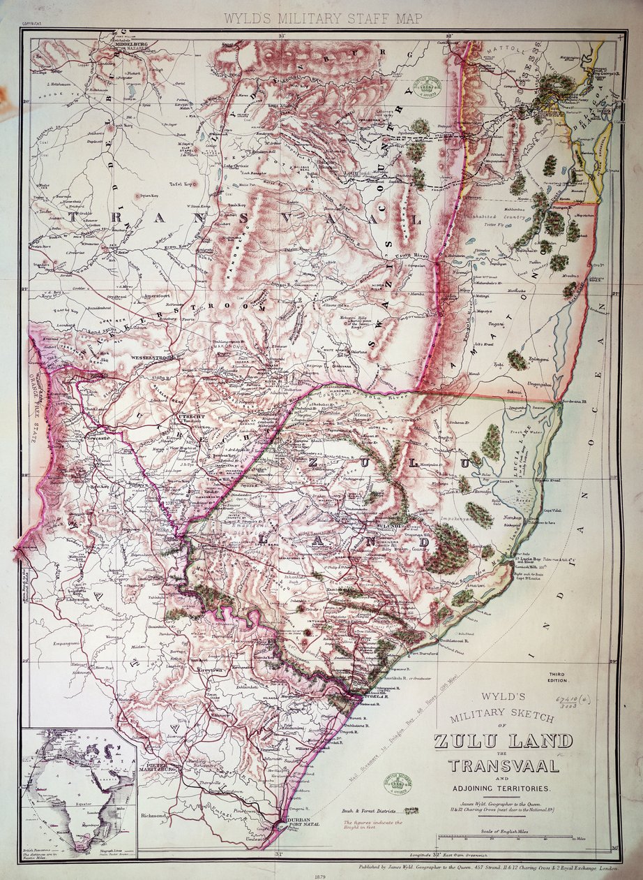 वायल्ड मिलिटरी स्केच ऑफ़ ज़ुलुलैंड, 1879 (रंग उत्कीर्णन) द्वारा जेम्स द एल्डर वाइल्ड