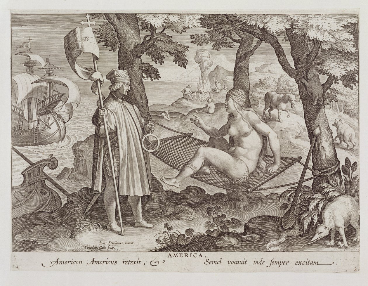 कोलंबस की खोज अमेरिका, थियोडोर गैल (1571-1633) c.1600 द्वारा उत्कीर्ण &39;नोवा रिपर्टा&39; (नई खोजों) से प्लेट 2 द्वारा जन वैन डर स्ट्रेट
