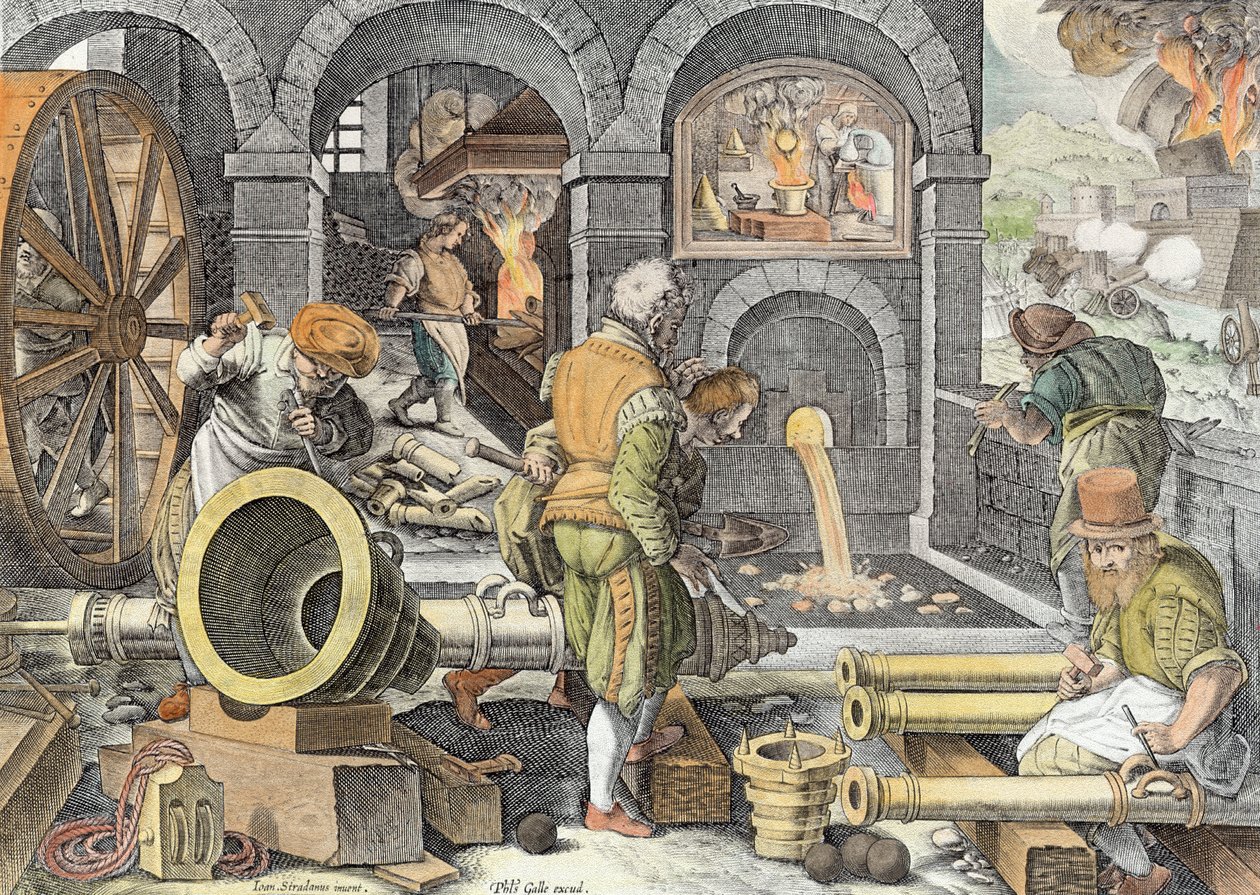 फिलिप बार (1537-1612) c.1600 (बाद में रंगाई) द्वारा उत्कीर्ण गनपाउडर का आविष्कार और कांस्य तोप की पहली कास्टिंग, &39;नोवा रिपर्टा&39; (नई खोजों) से प्लेट 4 द्वारा जन वैन डर स्ट्रेट
