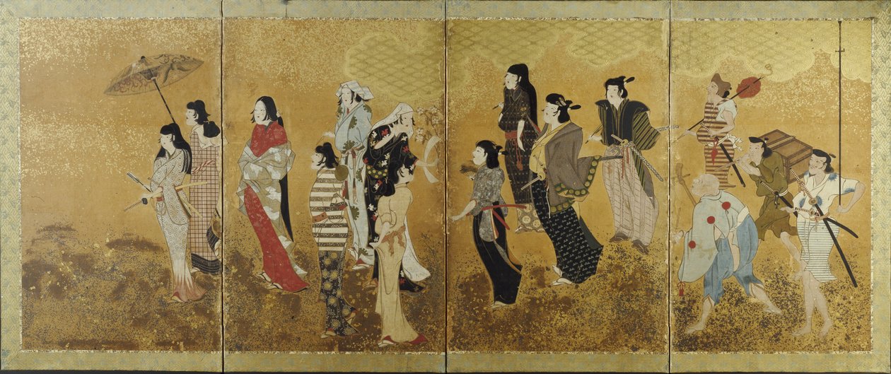 चेरी ब्लॉसम व्यू पिकनिक, c.1624-44 (कागज पर चार गुना स्क्रीन, स्याही, रंग और सोने की पत्ती) द्वारा जापानी स्कूल