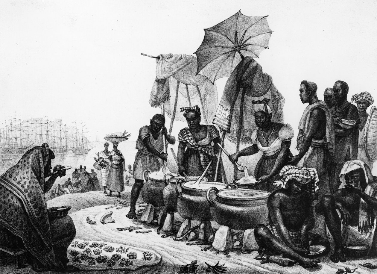 एंगो को बेचने वाली अश्वेत महिलाएं, &39;ट्रैवल्स इन ब्राजील&39; से, थियरी फ्रेज़ (उत्। 1927-45) द्वारा उत्कीर्ण, 1835 द्वारा जीन बैप्टिस्ट डेब्रेट