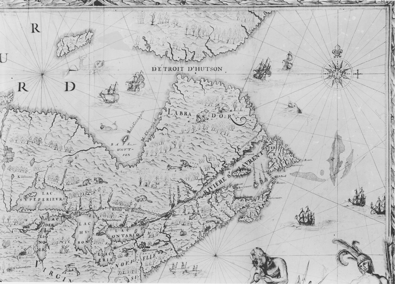 न्यू फ्रांस का नक्शा डचेसियो, कोलेंड, 1681 (विस्तार) द्वारा कोल्बर्ट को समर्पित द्वारा जीन बैप्टिस्ट लुइस फ्रेंकलिन