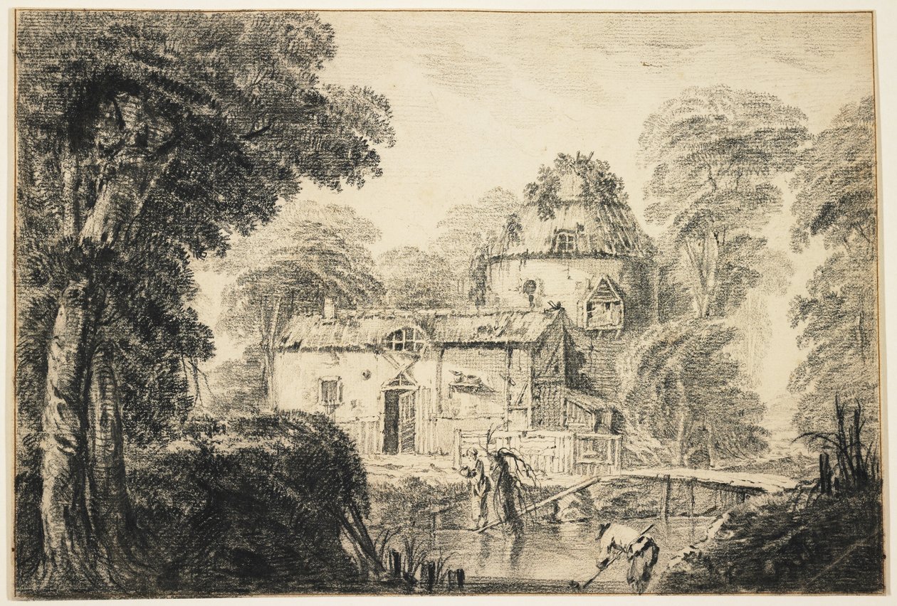 एक कॉटेज और किसानों के साथ लैंडस्केप, c.1770 (क्रीम बिछाए गए कागज पर काला चाक) द्वारा जीन बैप्टिस्ट पेलमेंट