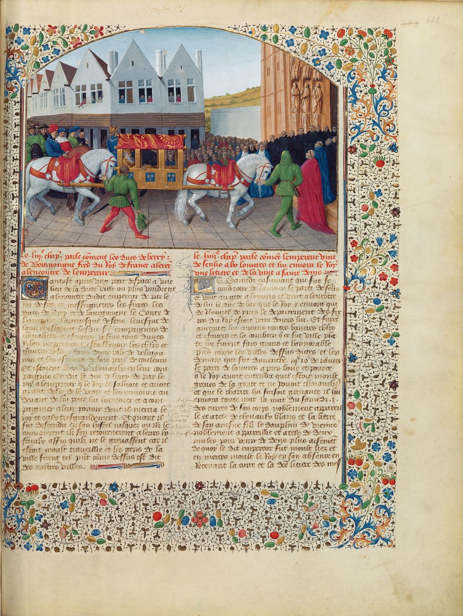 एमएस फ्रान्स 6465 fol.442 का आगमन सम्राट चार्ल्स चतुर्थ (1316-78), सेंट-डेनिस के बेसिलिका में, ग्रैंड्स क्रॉनिकल्स डी फ्रांस से, c.1460 (192993 भी देखें) द्वारा जीन फौक्वेट