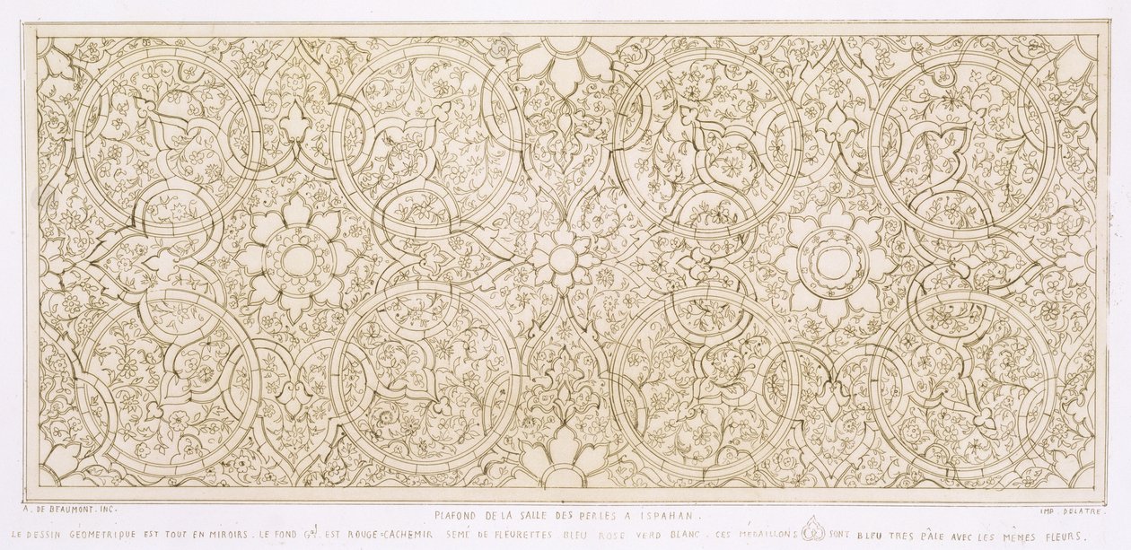 Delatre, पेरिस, 1857 द्वारा प्रकाशित, &39;कला और उद्योग&39; से इस्फ़हान में पर्ल कक्ष के लिए छत का डिज़ाइन द्वारा जीन फ्रेंकोइस अल्बानिस डी ब्यूमोंट
