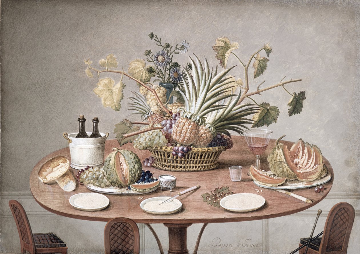 PD.874-1973 फूल और फल के साथ एक मेज का जीवन, c.1810 (wc und gouache) द्वारा जीन लुइस प्रीवोस्ट