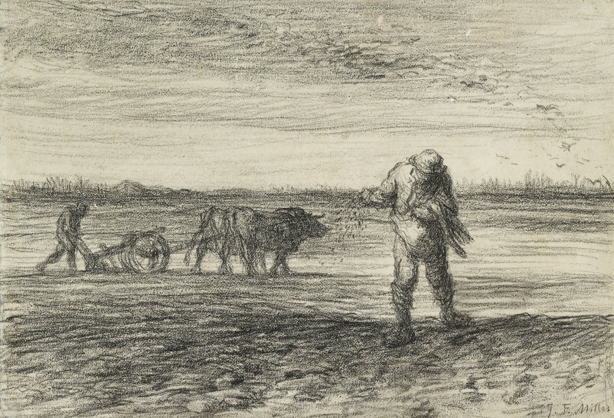 आदमी जुताई और दूसरी बुवाई, 1849 - 1852 (वोव पेपर पर काला क्रेयॉन) द्वारा जीन फ्रेंकोइस बाजरा