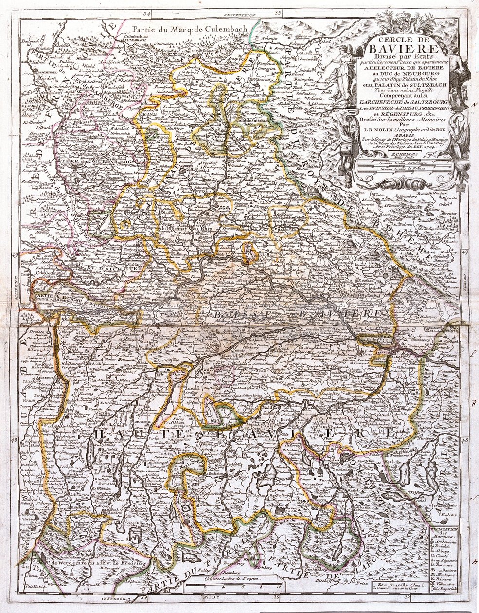 बवेरिया का नक्शा (जर्मनी) (उत्कीर्णन) द्वारा जीन बैप्टिस्ट नोलिन