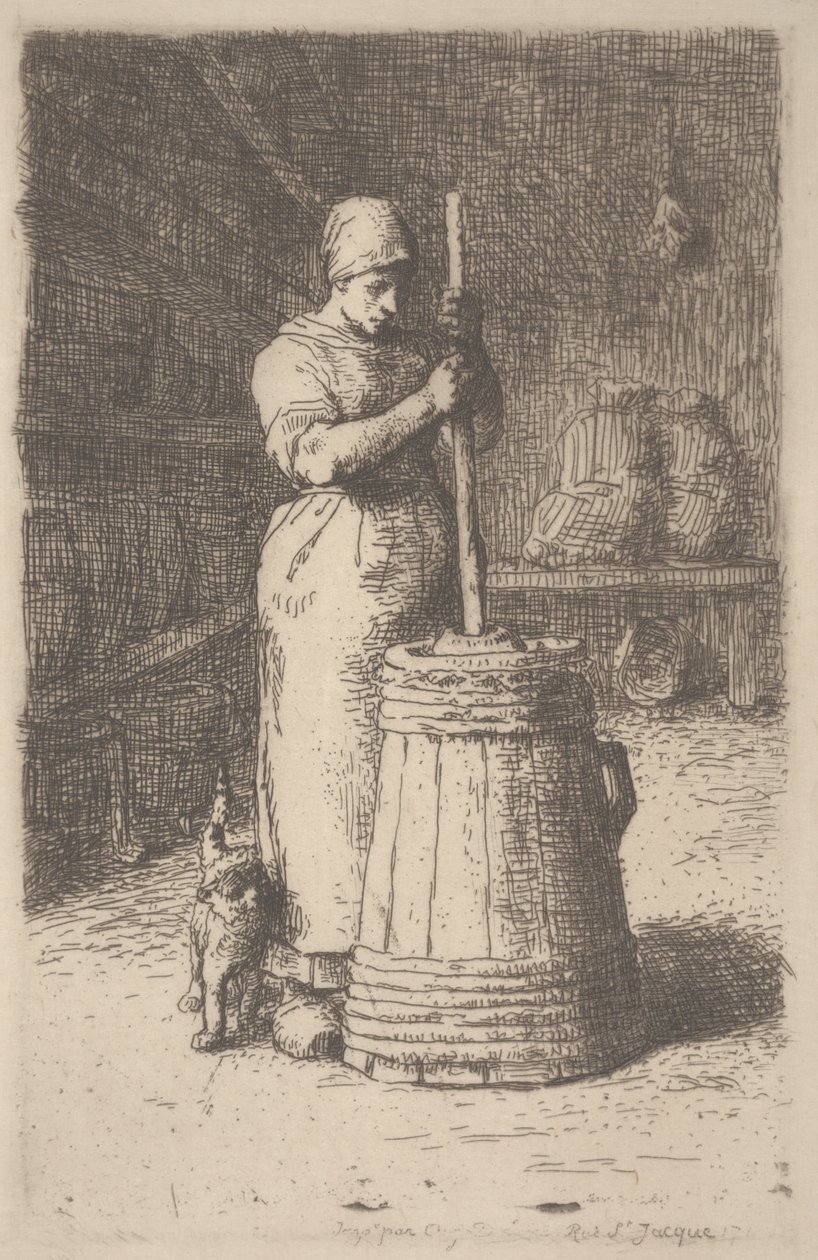 महिला मंथन बटर, c.1855-56 (नक़्क़ाशी) द्वारा जीन फ्रेंकोइस बाजरा