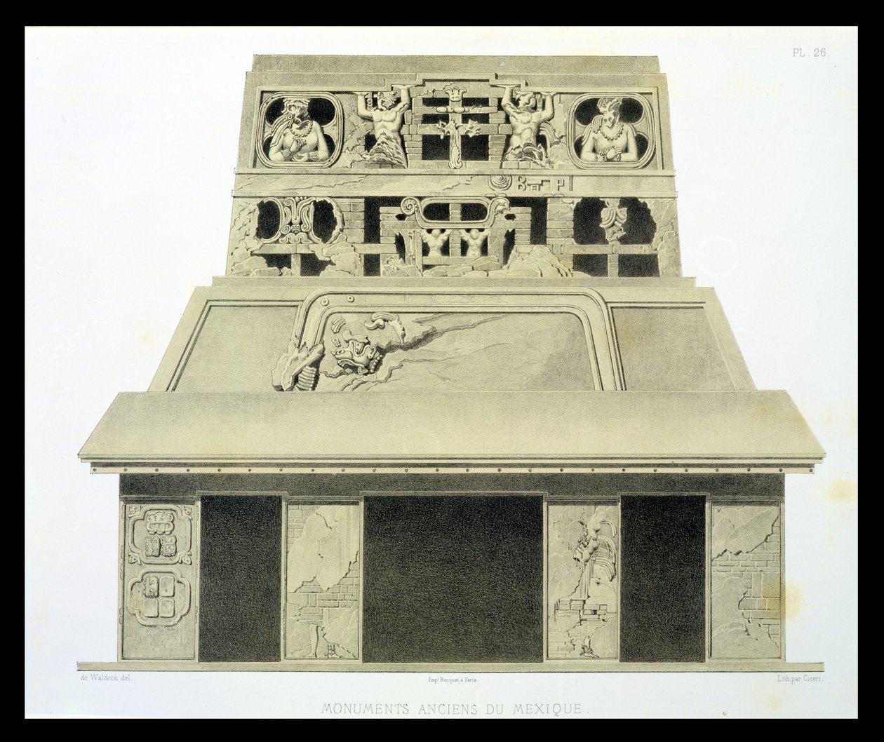 यूजीन सेइसर (1813-90) 1866 द्वारा उत्कीर्ण u मेक्सिको के प्राचीन स्मारकों ’से सूर्य के मंदिर, पैलेन्क, प्लेट 26 का मुखौटा द्वारा जोहान फ्रेडरिक मैक्सिमिलियन वॉन वाल्डेक