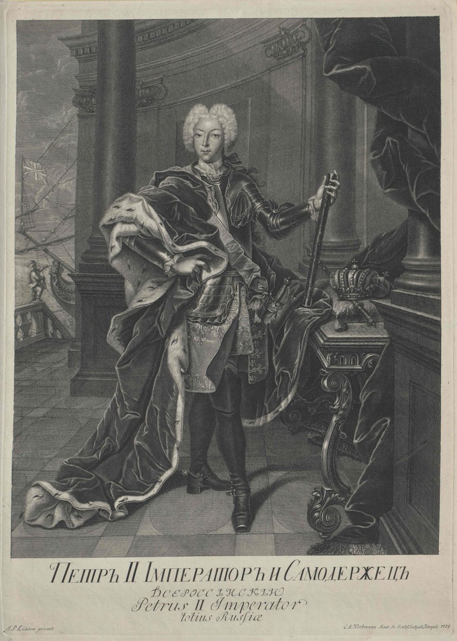 पीटर द्वितीय का चित्रण, ईसाई अल्ब्रेक्ट वोर्टमैन द्वारा उत्कीर्ण, 1729 द्वारा जोहान पॉल लिडेन