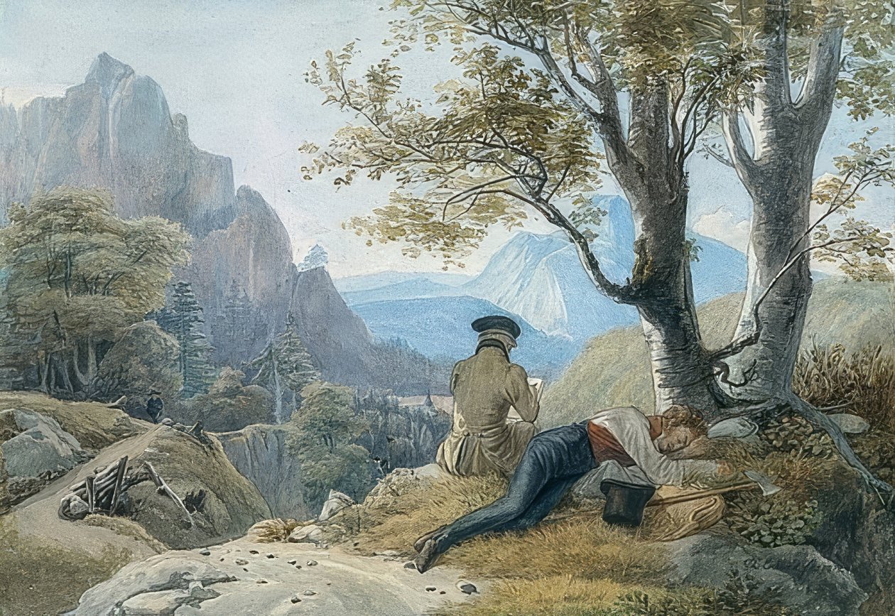 पहाड़ों में आराम करने वाले कलाकार। 1819 द्वारा जोहान क्रिस्टोफ एरहार्ड