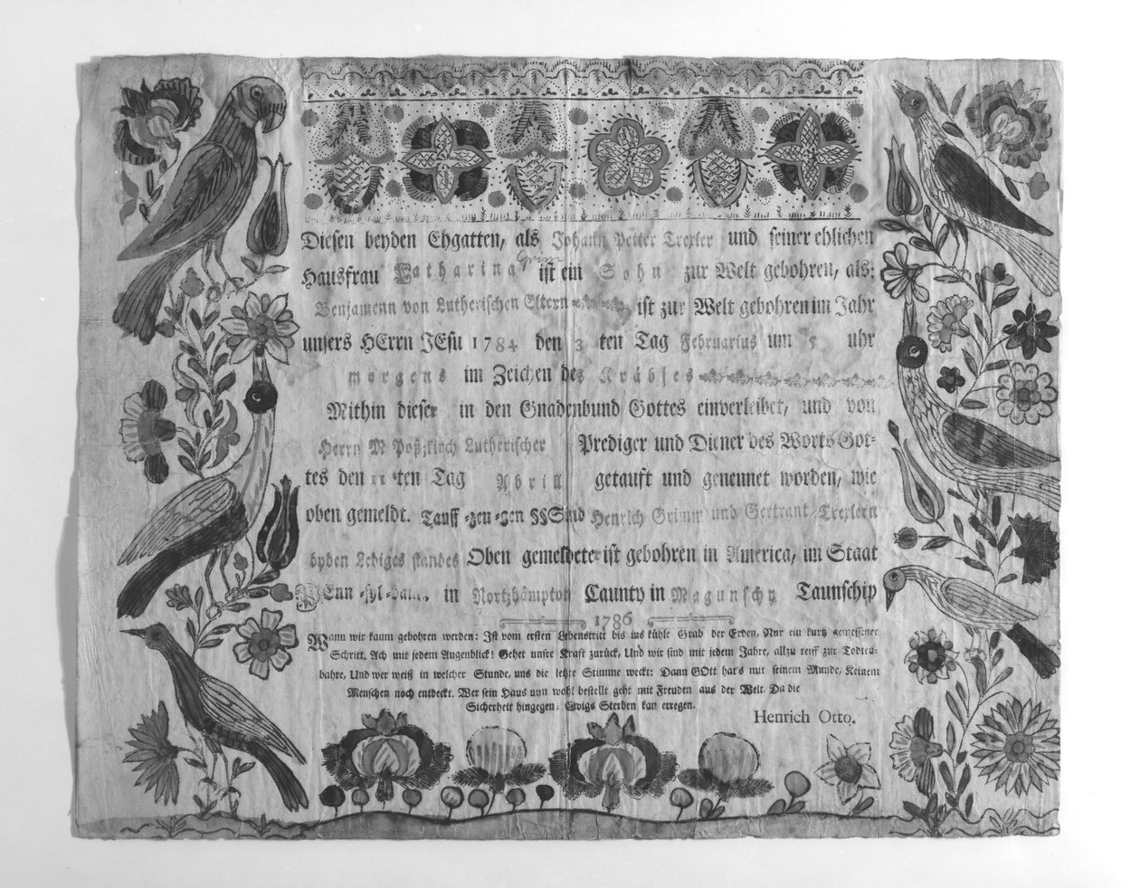 जन्म और बपतिस्मा प्रमाण पत्र, 1786। द्वारा जोहान हेनरिक ओटो