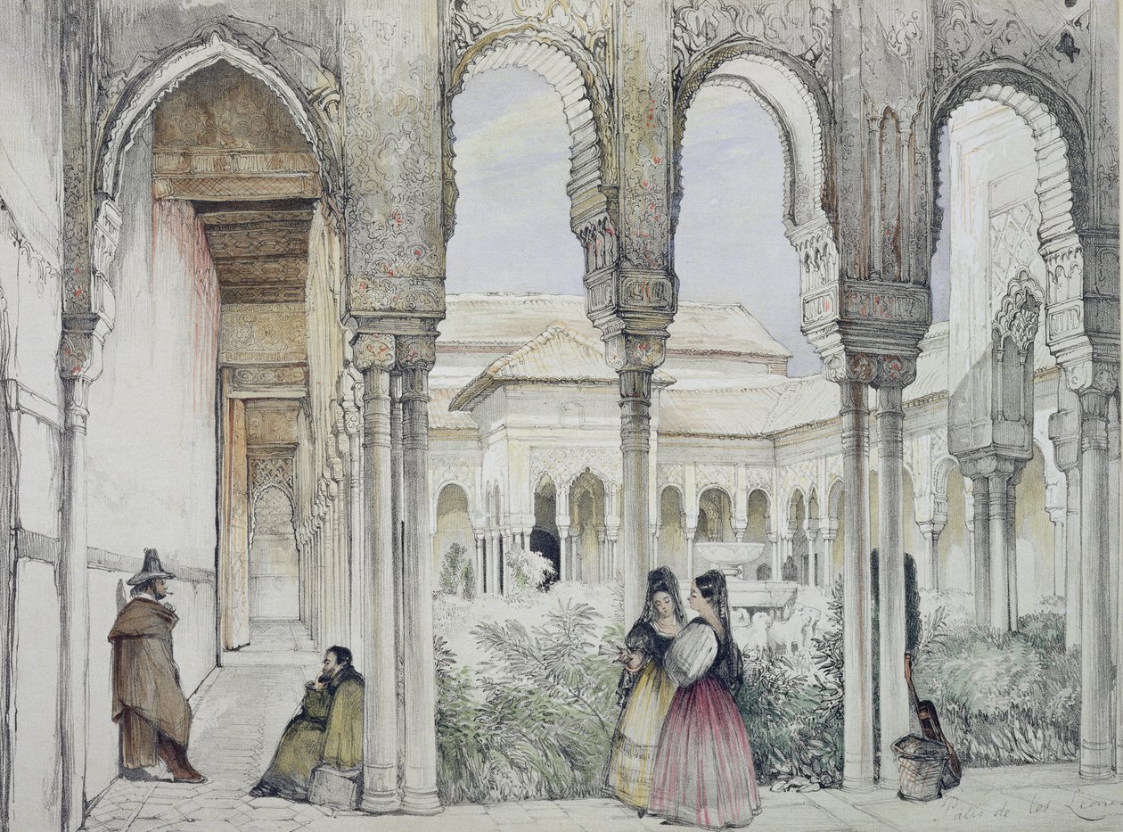 द लॉयन्स ऑफ़ द लायंस (Patio de los Leones), विलियम गॉसी द्वारा उत्कीर्ण &39;स्केच एंड ड्रिंग्स ऑफ़ द अल्हाम्ब्रा&39; (fl.1825-54), 1835 द्वारा जॉन फ्रेडरिक लुईस