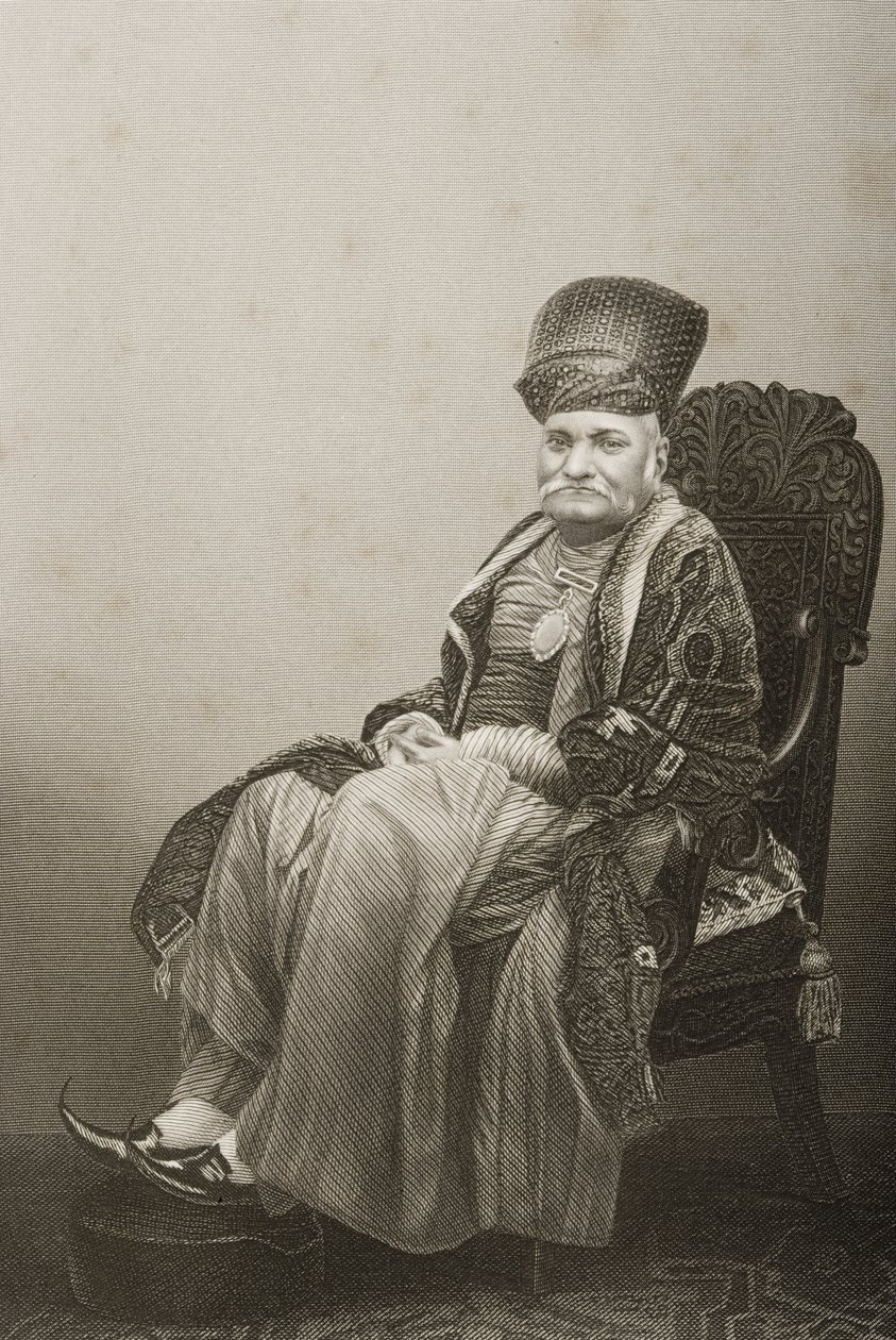 लंदन में 1860 में प्रकाशित &39;द ड्रॉइंग-रूम ऑफ एमिनेंट पर्सनजेज, खंड 2&39; से एक तस्वीर से डीजे पाउंड द्वारा उत्कीर्ण सर जमशेदजी जीभ्यो (1783-1859) द्वारा जॉन जाबेज एडविन पैस्ले मयाल