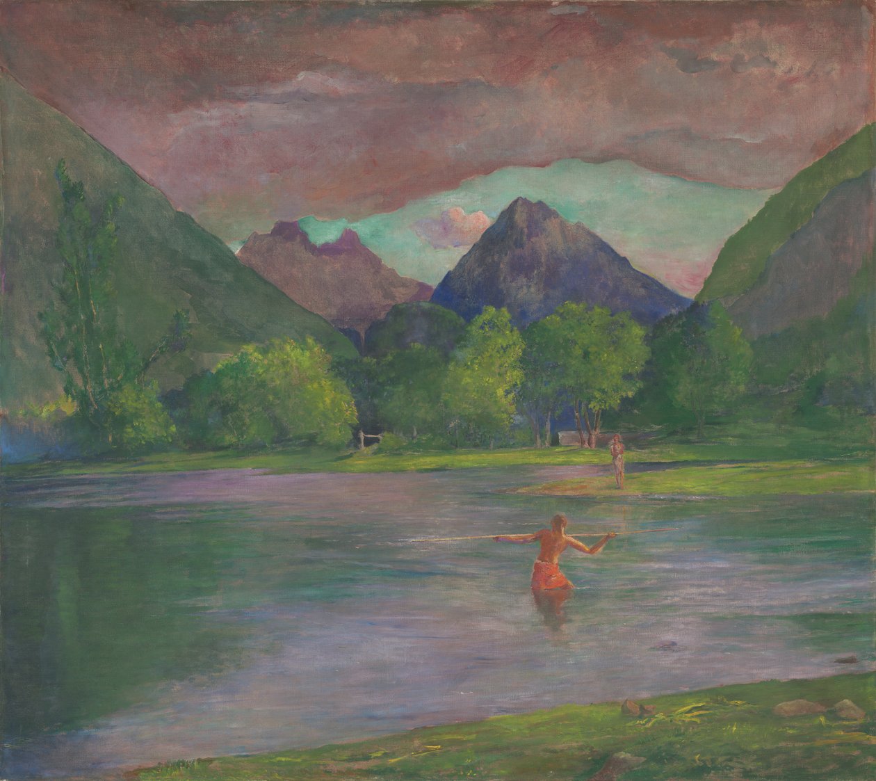 आफ्टरग्लो, तौतीरा नदी, ताहिती, मछुआरा भाला एक मछली, c.1895 द्वारा जॉन ला फार्गे या लाफार्ज