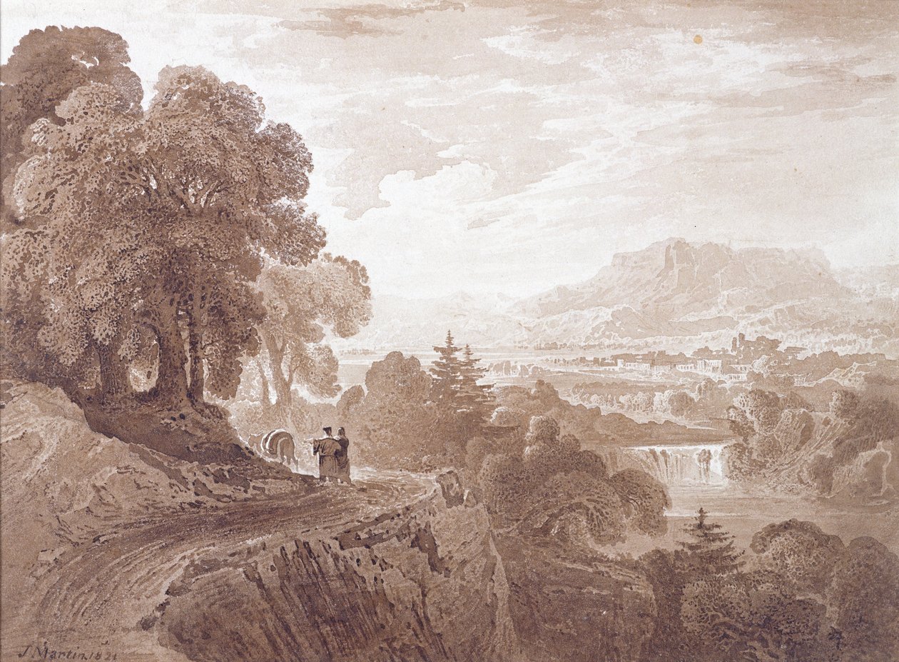 एक नदी के ऊपर एक सड़क पर यात्री, 1821 (कागज पर ग्रेफाइट पर भूरा रंग द्वारा जॉन मार्टिन
