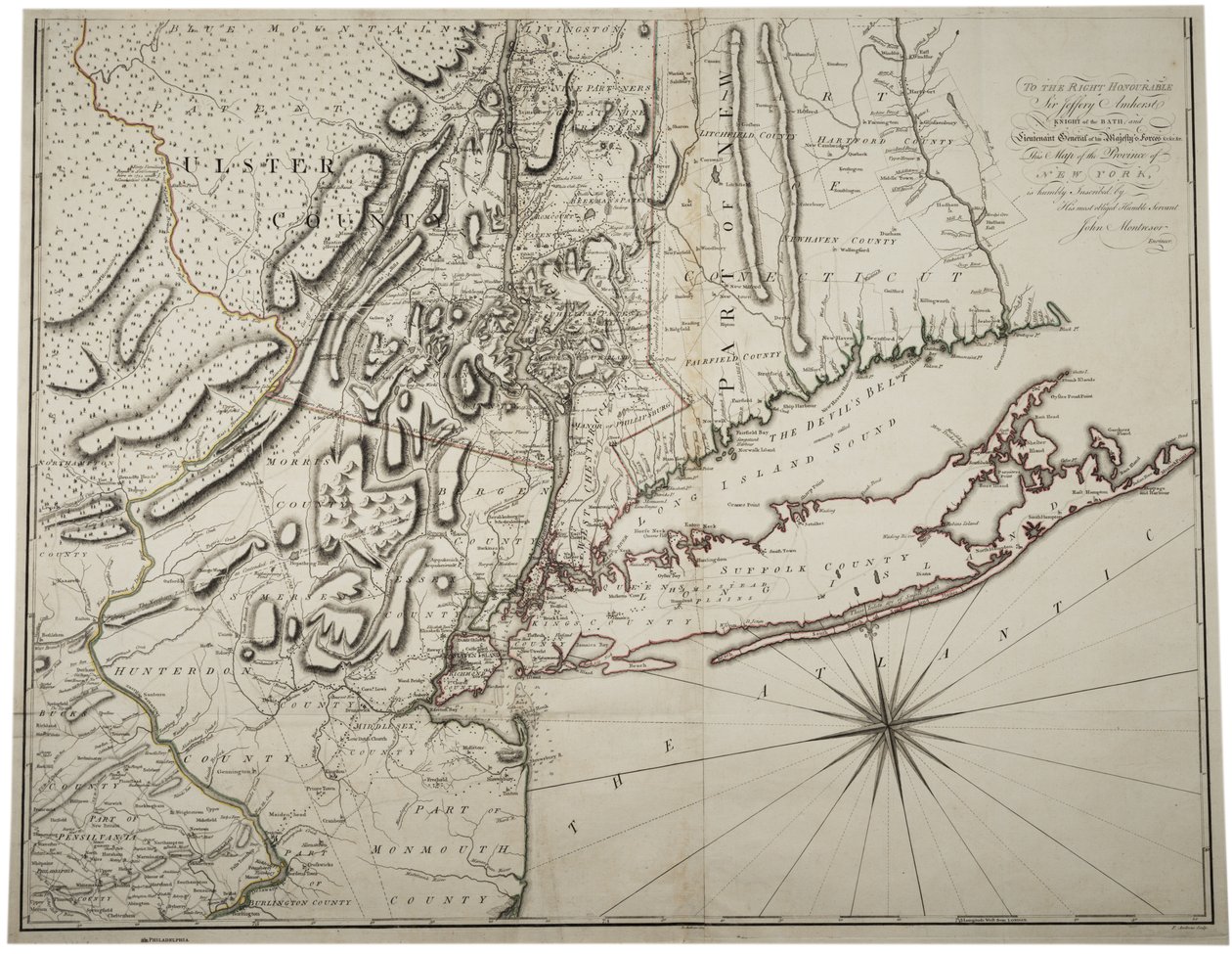 लोअर न्यूयॉर्क राज्य और आसपास के क्षेत्रों का मानचित्र, c.1775 द्वारा जॉन मॉन्टेसर