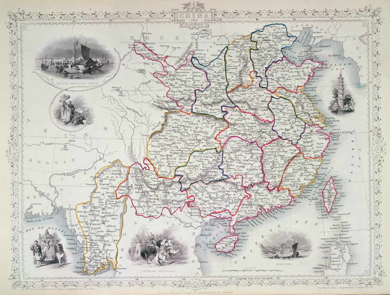 चीन और बिरमा का मानचित्र, 1851 (रंग उत्कीर्णन) द्वारा जॉन रैपकिन