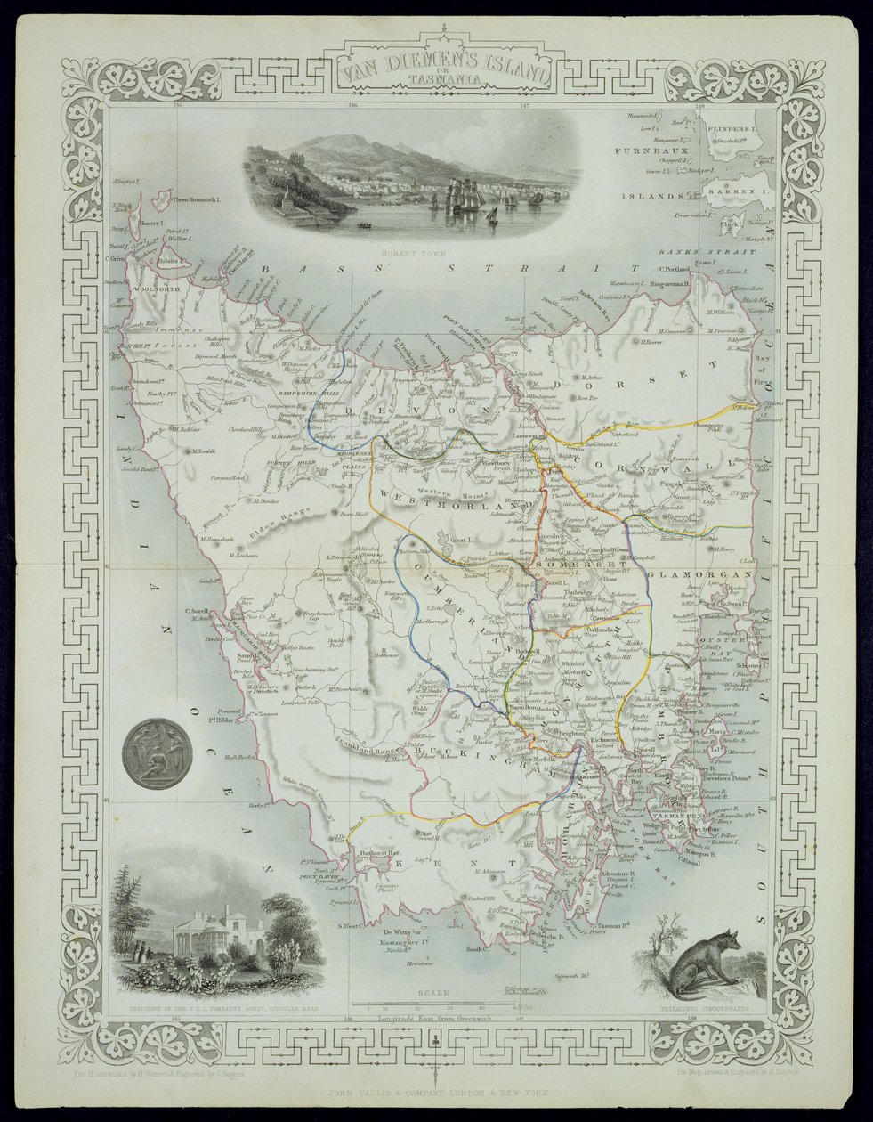 वान डिएम्स आइलैंड या तस्मानिया, जॉन टेलिस und कंपनी द्वारा प्रकाशित वर्ल्ड मैप्स की एक श्रृंखला से, लंदन und न्यूयॉर्क, 1850 द्वारा जॉन रैपकिन