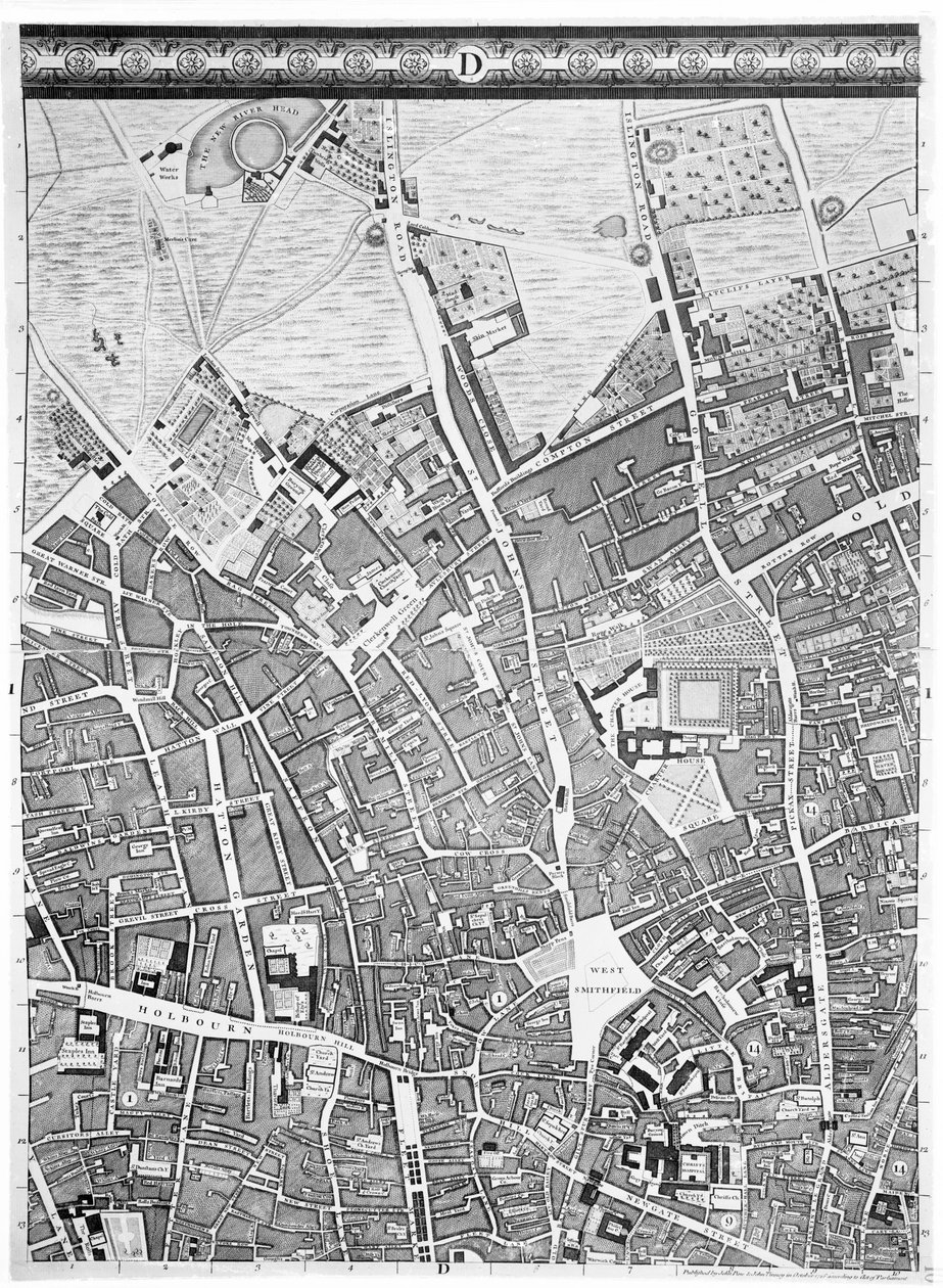 ए मैप ऑफ़ क्लेरकेनवेल, सिटी ऑफ़ लंदन, 1746 द्वारा जॉन रोक्के