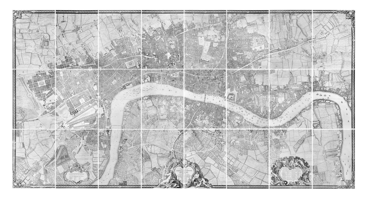 लंदन और वेस्टमिंस्टर के शहरों की योजना, और साउथवार्क, 1746 का बोर द्वारा जॉन रोक्के