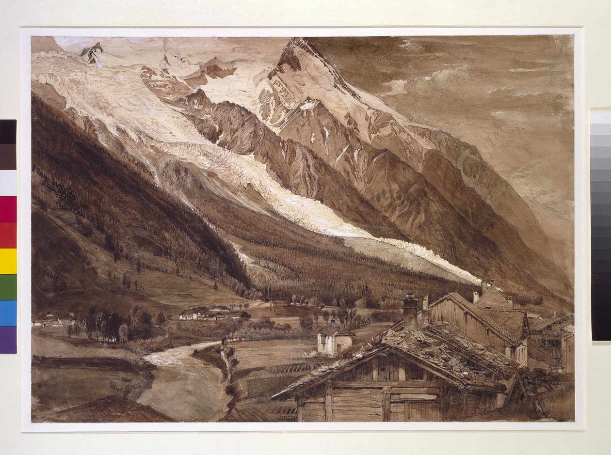 रेक्टो: द ग्लेशियर डेस बॉसन्स, शैमॉनिक्स, जून 1849 (विंग पेपर पर ग्रेफाइट, सेपिया स्याही में पेन और वाश और बॉडी कलर) द्वारा जॉन रस्किन