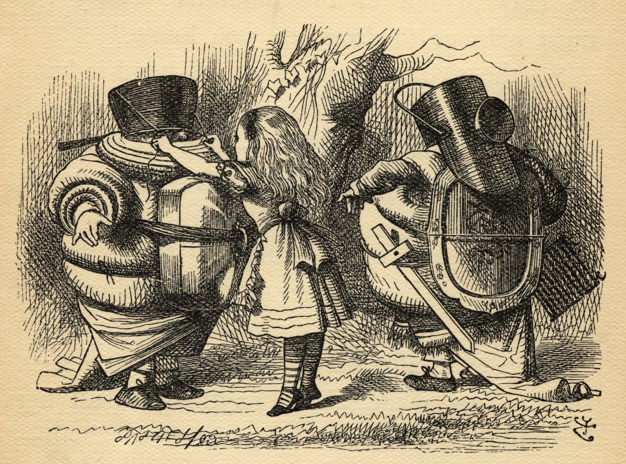 रैटल पर लड़ाई, लुईस कैरोल द्वारा &39;थ्रू द लुकिंग ग्लास&39; (1832-98) का चित्रण पहली बार 1871 में द्वारा जॉन टेनिएल