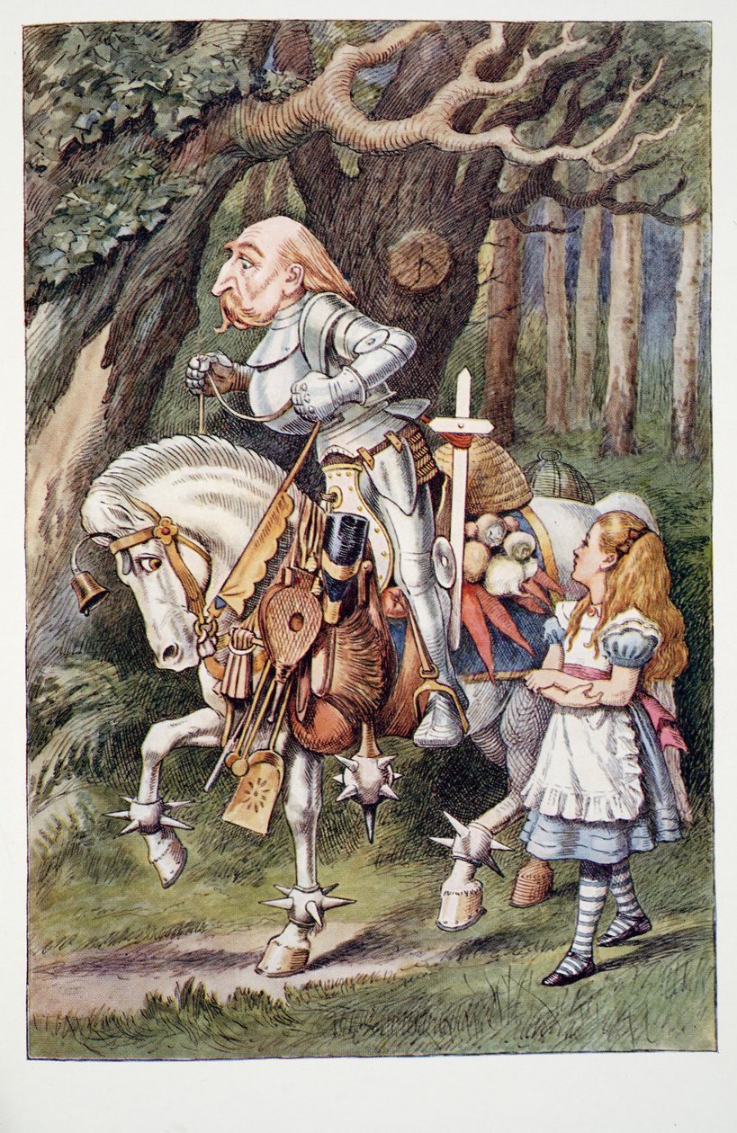 द व्हाइट नाइट, एलिस एडवेंचर्स इन वंडरलैंड एंड द लुकिंग-ग्लास एंड एलिस फाउंड देयर, बाय लुइस कैरोल (1832 - 98), 1911 (रंगीन लिथोग्राफ) द्वारा जॉन टेनिएल