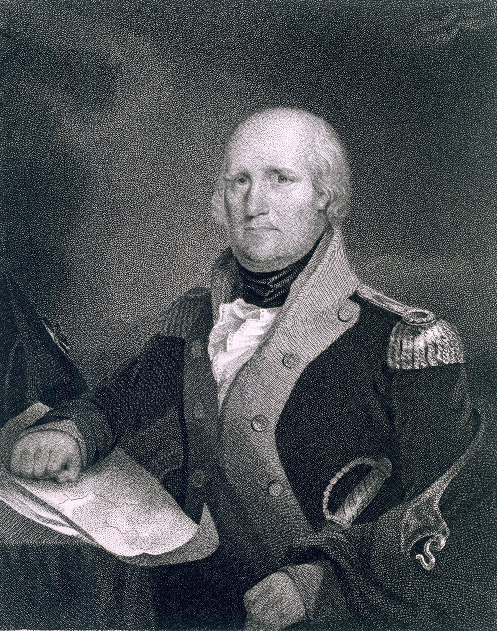 जेम्स बार्टन लॉन्गस्रे (1794-1869) द्वारा मूल की नकल के बाद थॉमस बी वेल्च (1814-74) द्वारा उत्कीर्ण जॉर्ज रोजर्स क्लार्क (1752-1818) द्वारा जॉन वेस्ले जार्विस