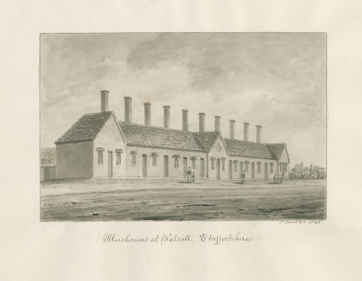 Walsall - Almshouses: सेपिया वॉश ड्रॉइंग द्वारा जॉन बकलर