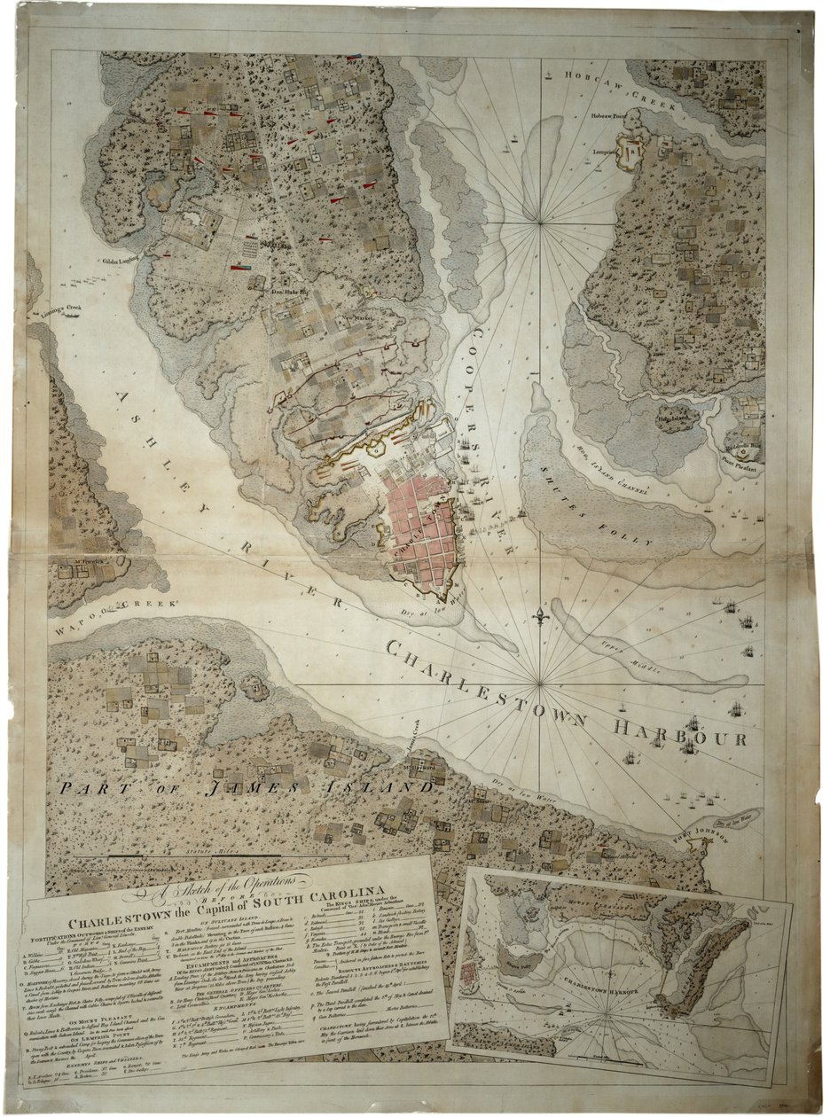 दक्षिण कैरोलिना की राजधानी, चार्ल्सटन से पहले के संचालन का एक स्केच, c.1780 द्वारा जोसेफ फ्रेडरिक वॉलेट डेसबैरेस