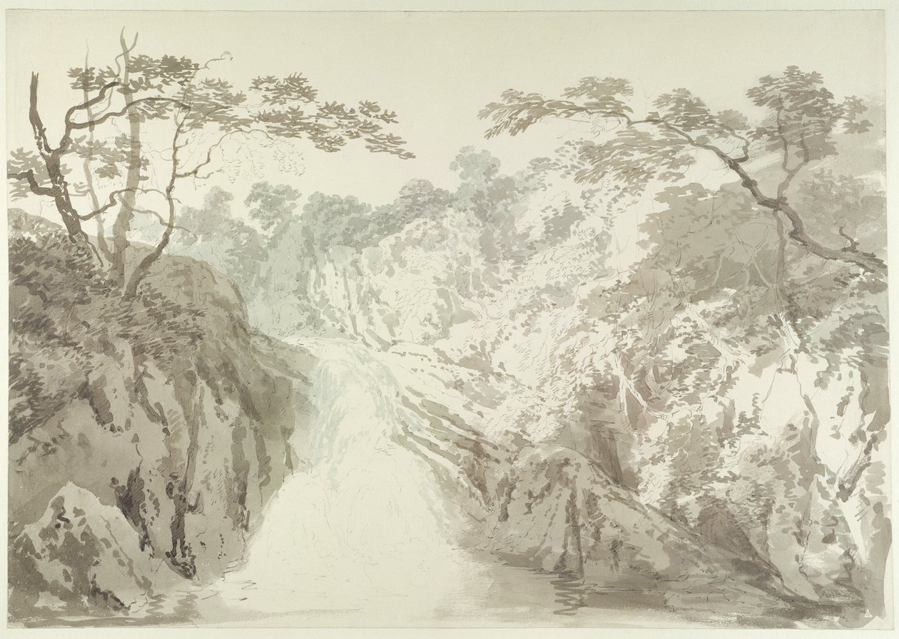 झरना, c.1796 के साथ लैंडस्केप (कागज पर ग्रेफाइट और वॉश) द्वारा जोसेफ मैलॉर्ड विलियम टर्नर