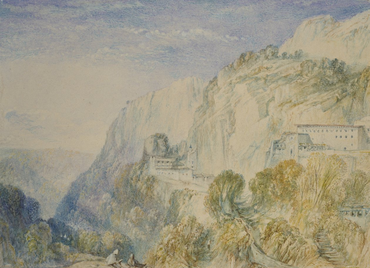 माउंट लेबनान और कॉन्वेंट ऑफ सेंट एंटोनियो, c.1832-34 (पेन और ब्राउन इंक के साथ ग्रेफाइट पर वॉटरकलर) द्वारा जोसेफ मैलॉर्ड विलियम टर्नर