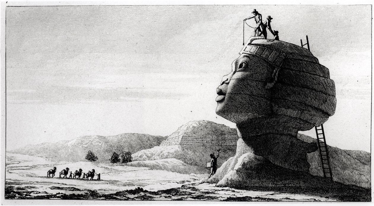 डोमिनिक विवांट डेनॉन (1747-1825) द्वारा वॉयज एन इजिप्ट से स्फिंक्स को मापने वाली फ्रेंच, 1802 (बीडब्ल्यू फोटो) द्वारा उकेरी गई द्वारा जूल्स अल्फ्रेड विंसेंट रिगो
