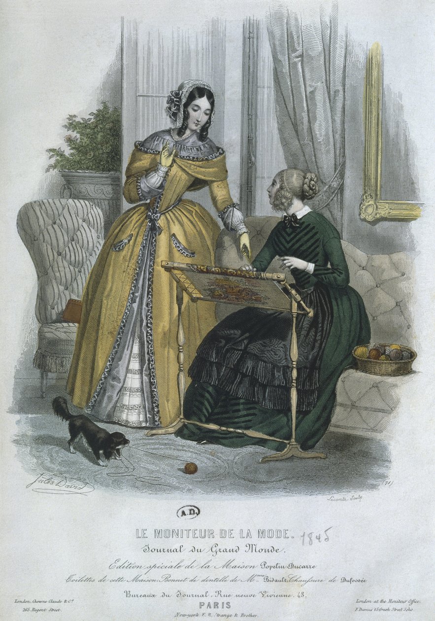 फैशन प्लेट, पेरिस, लेकोमटे, 1845 (रंग उत्कीर्णन) द्वारा उत्कीर्ण &39;ले मोनेतुर डी ला मोड&39; से चित्र द्वारा जूल्स डेविड