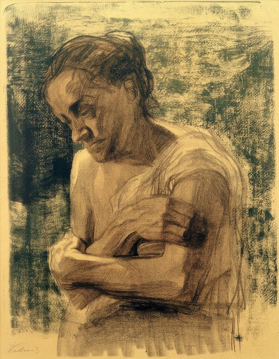 K.Kollwitz, एक महिला का आधा आंकड़ा, जिसके पास हथियार हैं द्वारा कैथ कोलविट्ज़