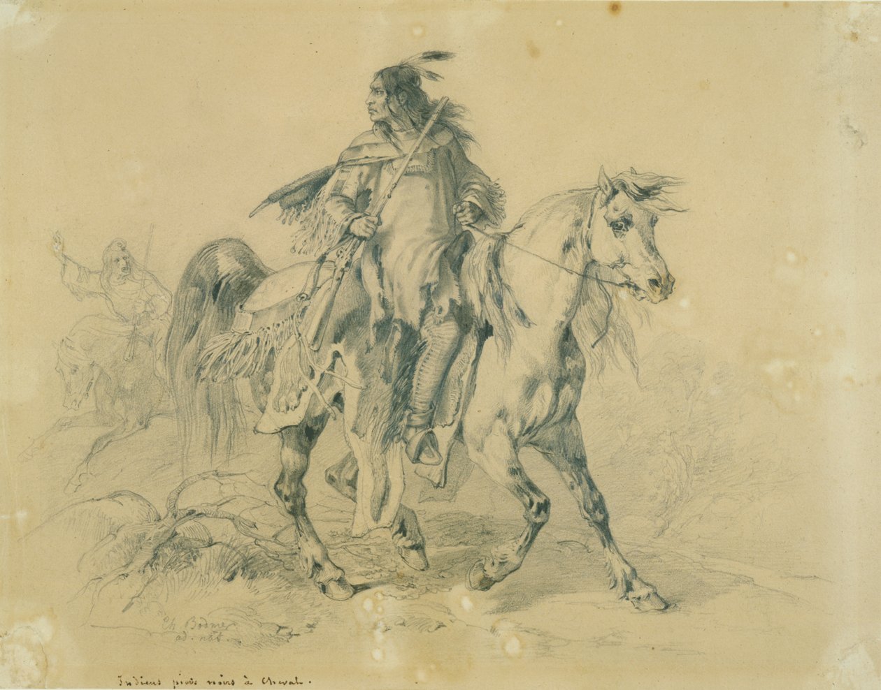 घोड़े की पीठ पर ब्लैकफ़ेट योद्धा, c.1833-43 (कागज पर पेंसिल, पेन und wc द्वारा कार्ल बॉडर