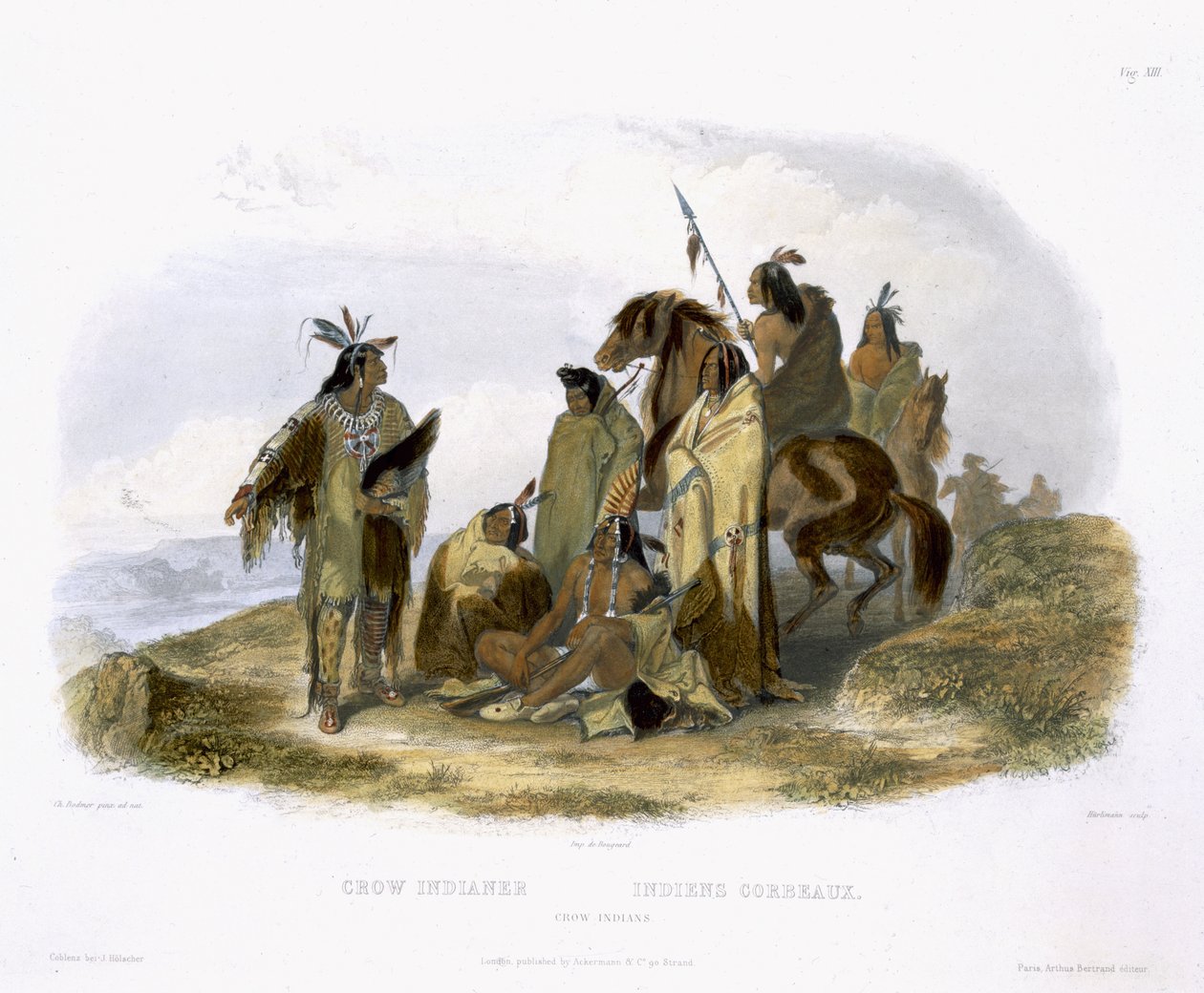 क्राउन इंडियन्स, जे। हर्लीमैन, 1843 (एक्वाटिंट) द्वारा उत्कीर्ण `ट्रेवल्स इन द इंटर्न ऑफ नॉर्थ अमेरिका &39;के खंड 1 से प्लेट 13 द्वारा कार्ल बॉडर