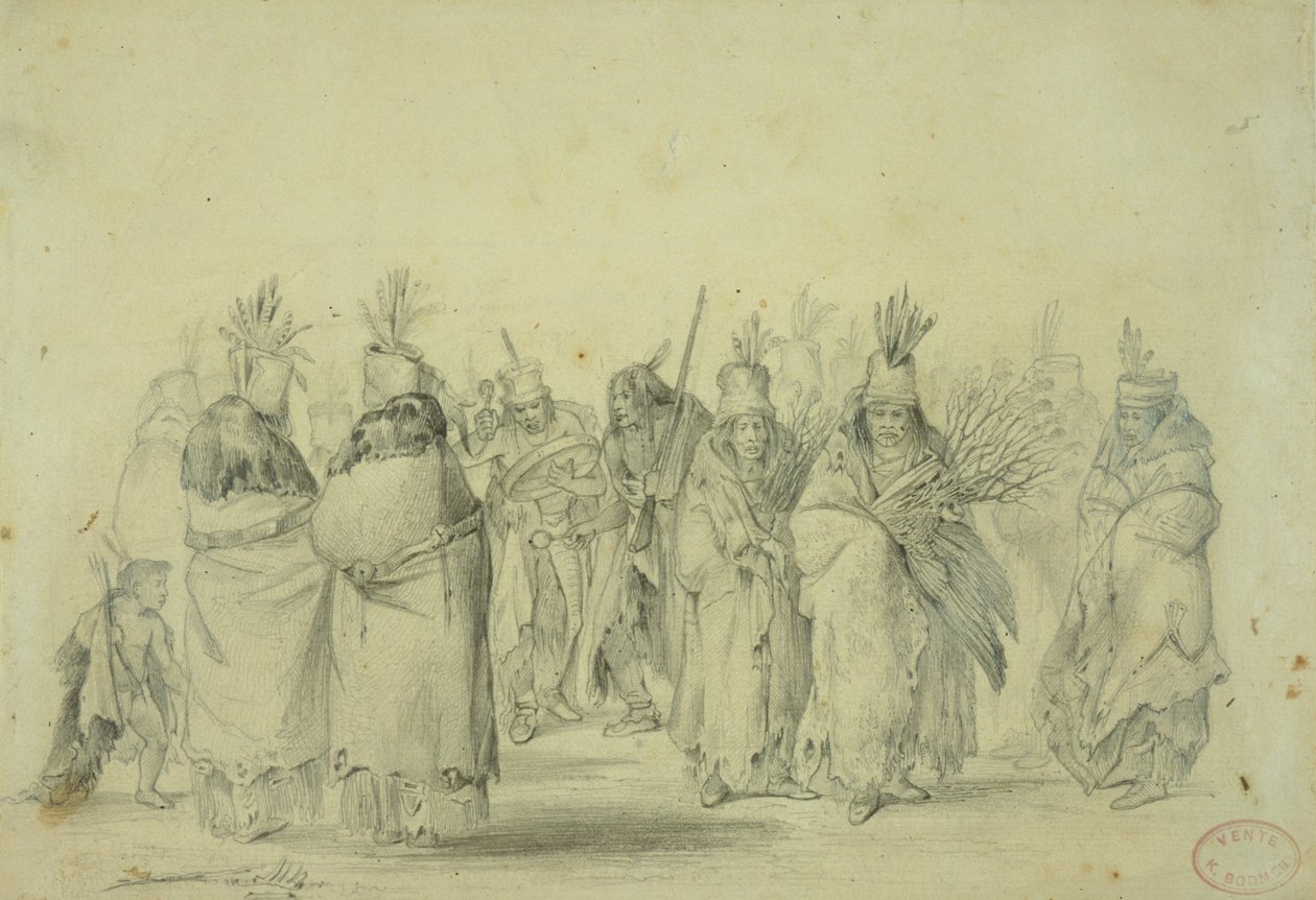 मंडन महिलाओं का नृत्य, c.1833-43 (कागज पर पेंसिल, पेन und wc) द्वारा कार्ल बॉडर