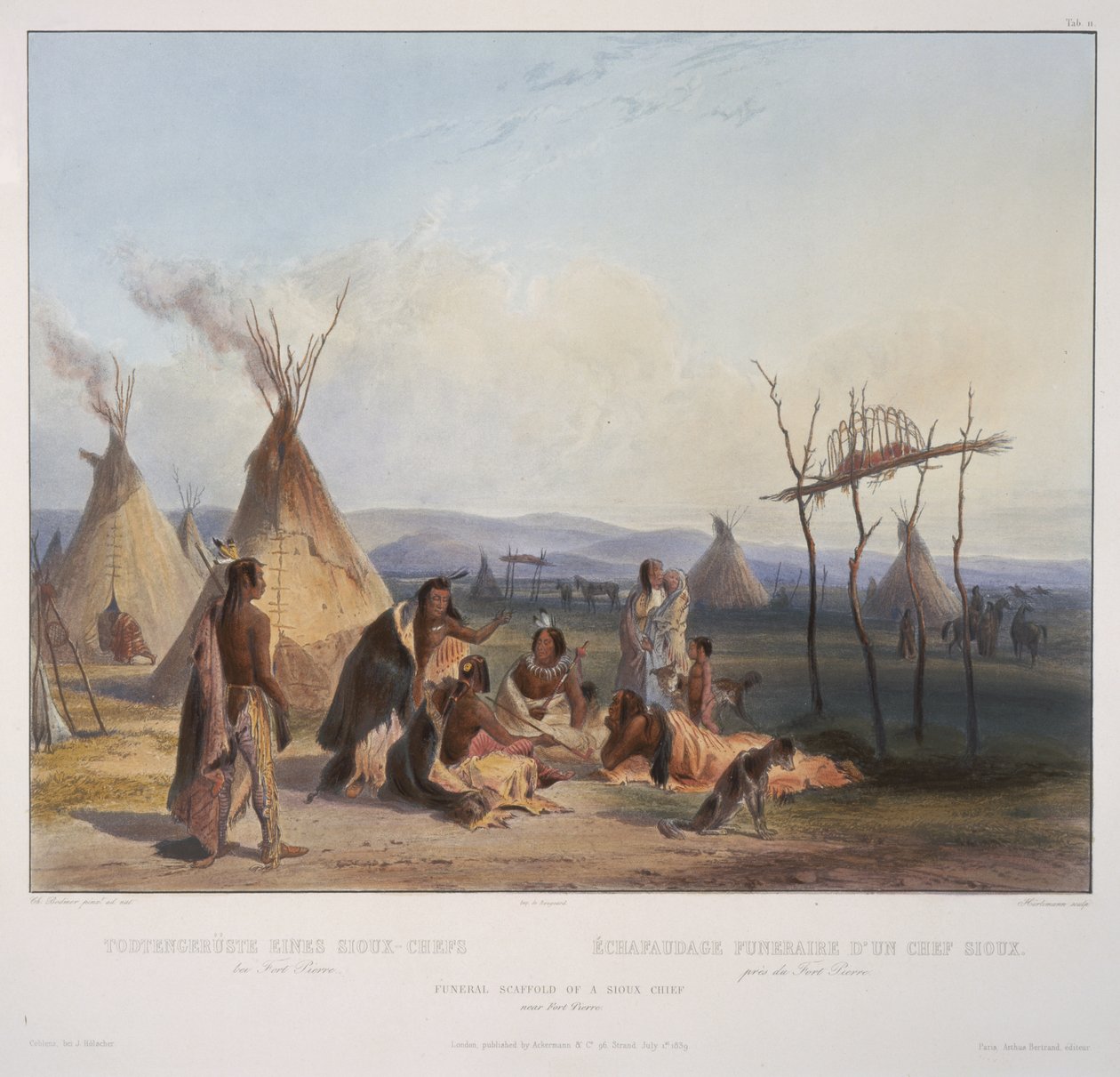 फोर्ट पियरे के निकट एक Sioux प्रमुख का अंतिम संस्कार, जे। हर्लीमैन द्वारा उत्कीर्ण, 1839 (जलीय) में प्रकाशित द्वारा कार्ल बॉडर