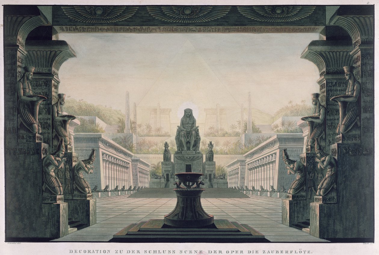 वोल्फगैंग एमेडस मोजार्ट (1756-91) द्वारा &39;द मैजिक फ्लूट&39; के अंतिम दृश्य के लिए सेट डिज़ाइन द्वारा कार्ल फ्रेडरिक शिन्केल