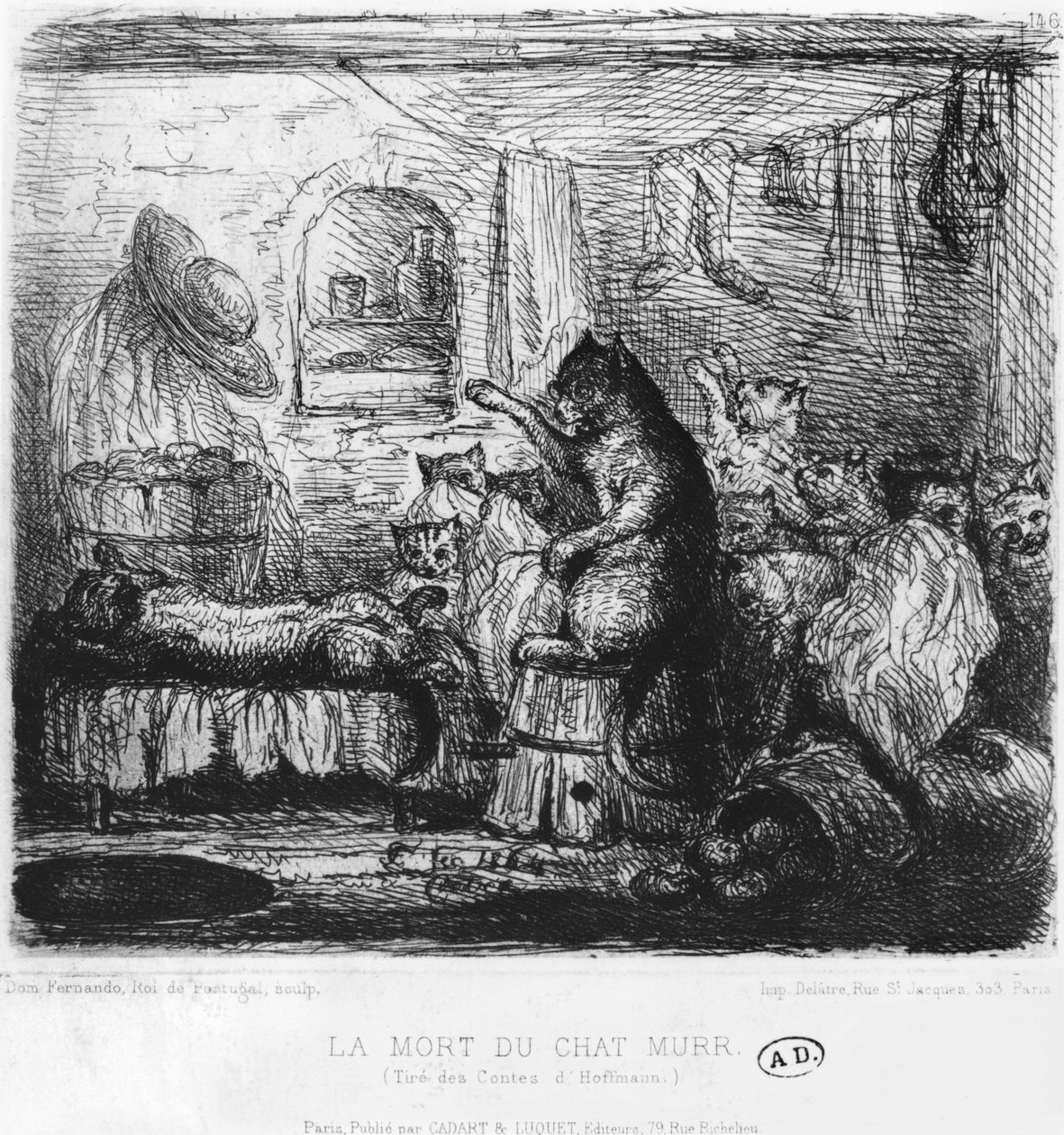 बिल्ली मरे की मौत, अर्नेस्ट थियोडोर अमेडस हॉफमैन (1776-1822) द्वारा बिल्ली के मरे के जीवन दृश्य से चित्रण 1820-22 प्रकाशित द्वारा पुर्तगाल के राजा फर्नांडो द्वितीय