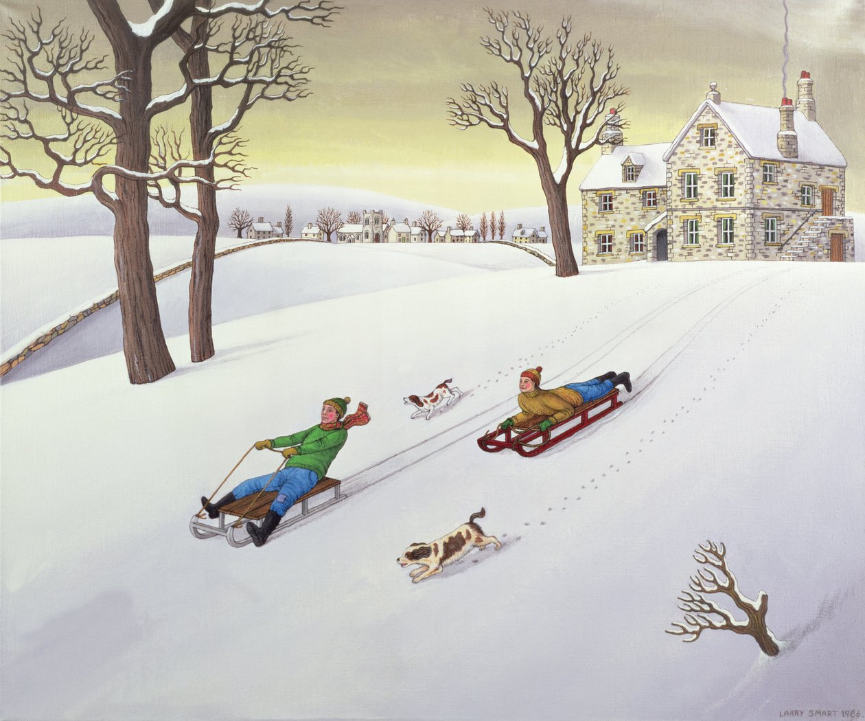 टोबोगनिंग, 1986 (लिनन पर एक्रिलिक) द्वारा लैरी स्मार्ट