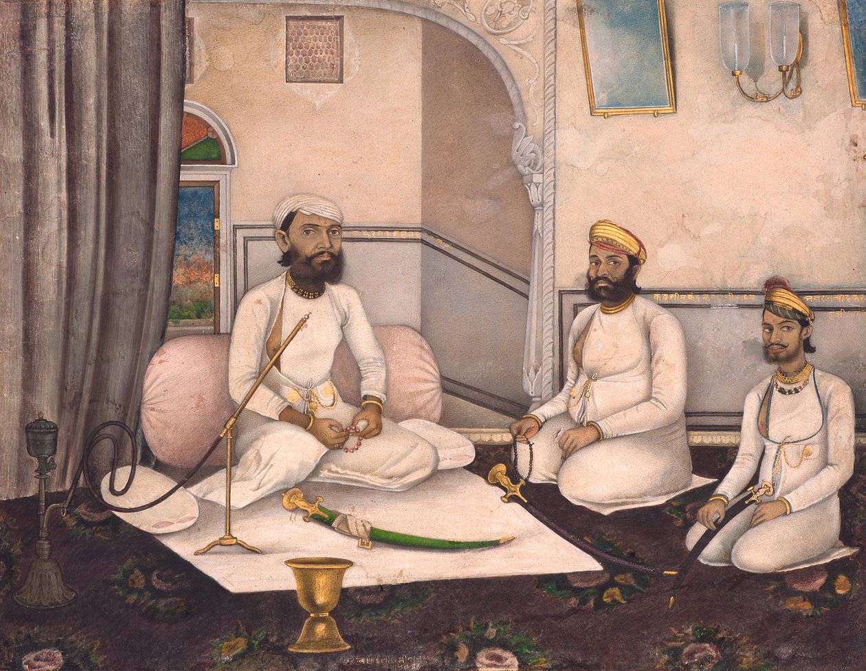 ठाकुर साहब समादर करणजी के साथ काबराजी मुकंदरा करंजी साहब और भो राज चा, c.1875 (कागज पर अपारदर्शी wc und सोना) द्वारा लक्ष्मी नारायण